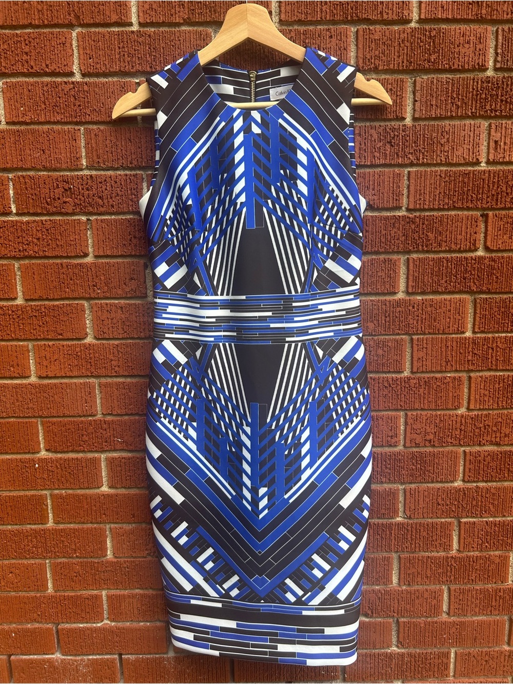 Calvin Klein Blue Black White Geo Print Sheath Dress Size 2 Back Zip Bodycon